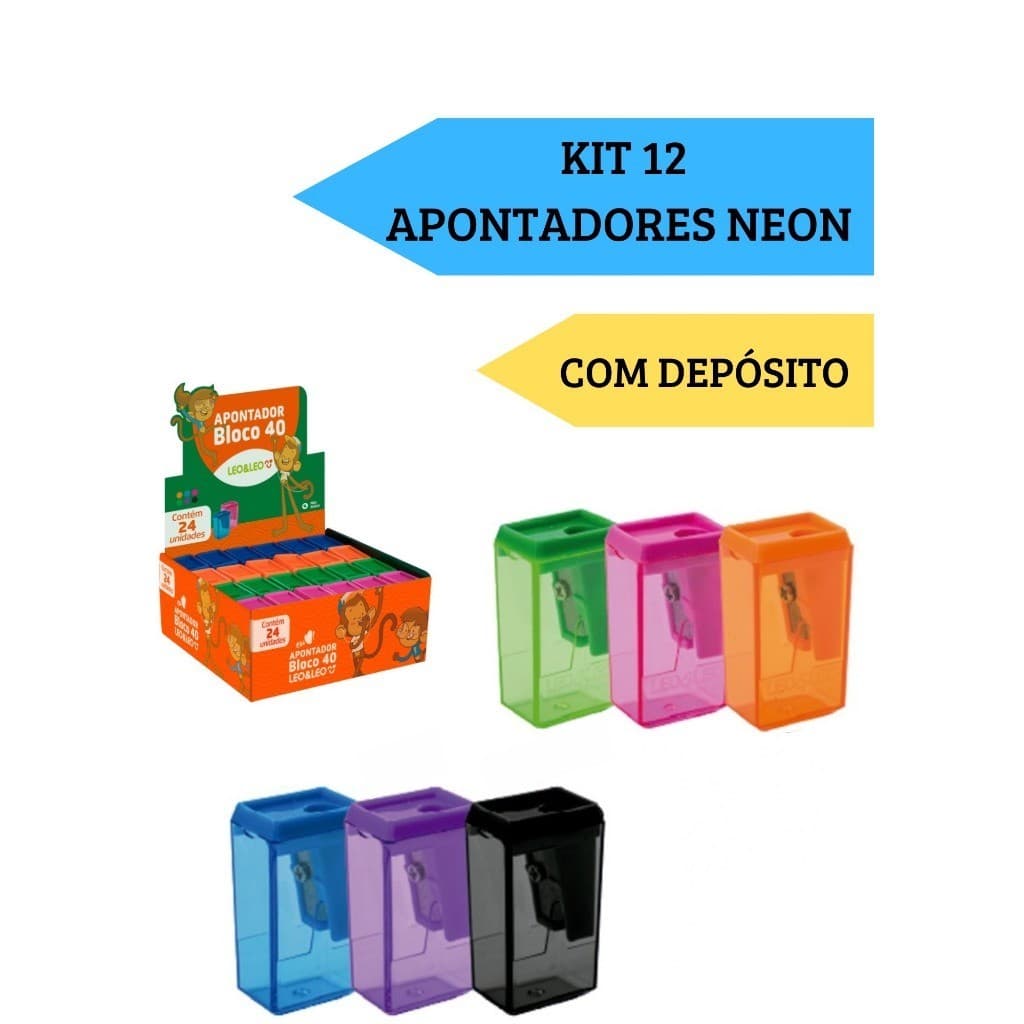 Kit 12 Apontadores Com Depósito Bloco 40  NEON Trend Escolar Escritório Leo&Leo