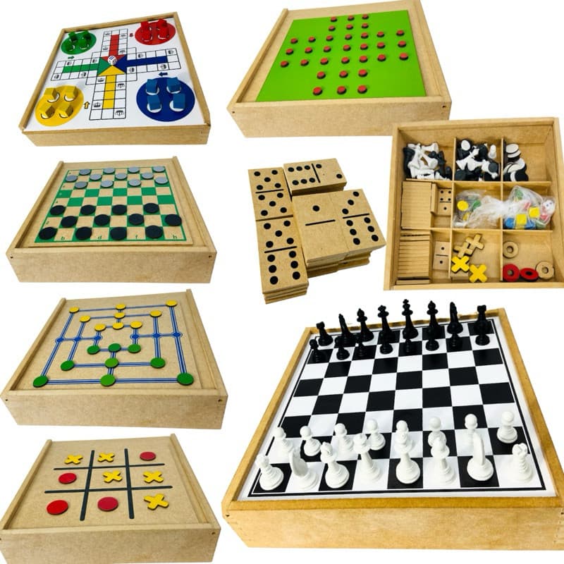 Jogo Tabuleiro Educativo  Madeira Clássicos Xadrez Dama Jogo da Velha Ludo Trilha Dominó Resta 1