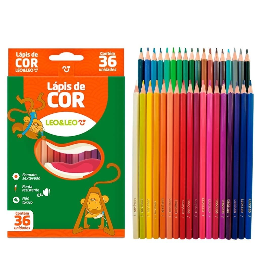 Lápis de Cor Caixa com 36 Cores Escolar Sextavado Leo&Leo