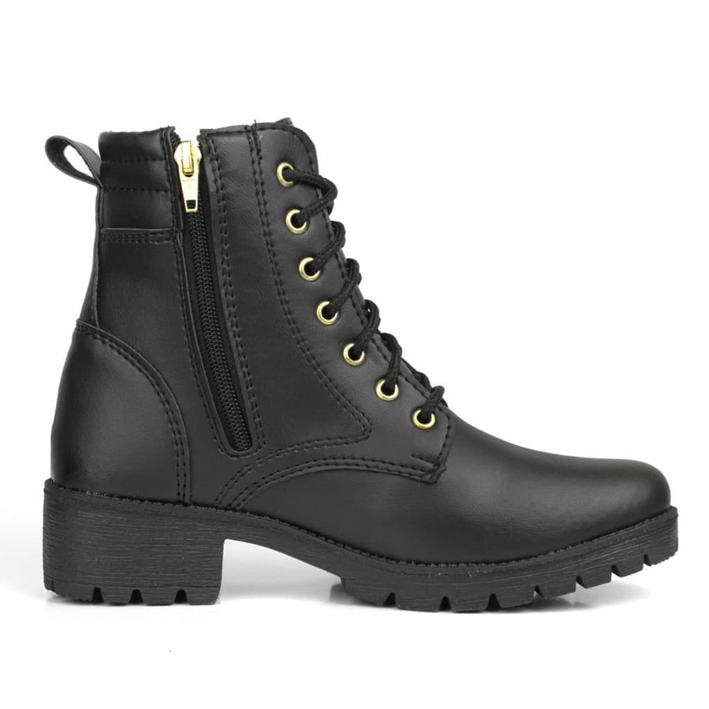 Bota Casual Feminina Coturno Feminino Moderno Cano Curto Zíper Lateral Preta Confortável