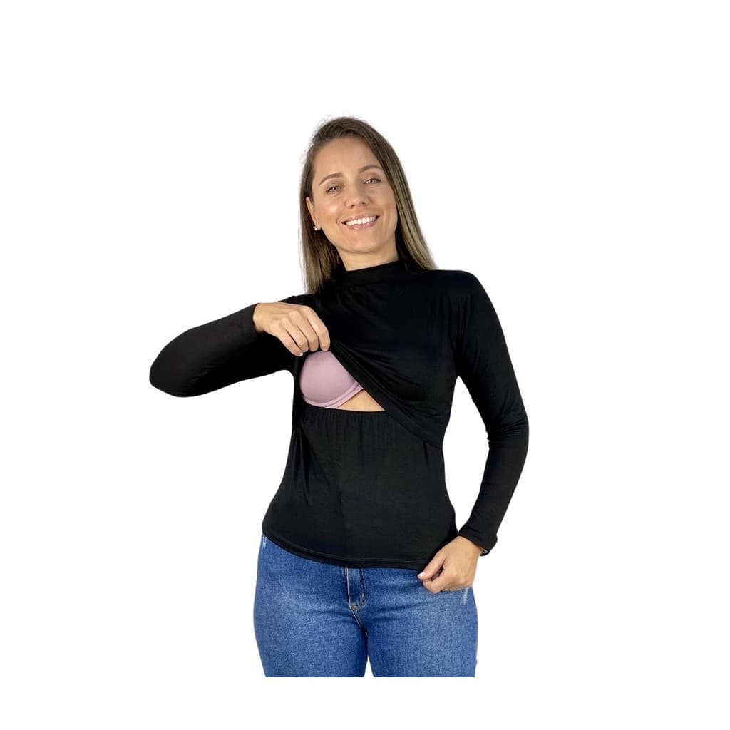 Blusa Amamentação Slim Gola Alta Cores Premium Gestante Grávida Amamentar Manga Longa