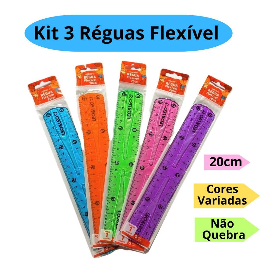 Kit 3 Régua Flexível 20cm Colorida Escolar - Leo&Leo