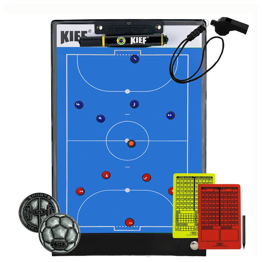 Prancheta Tática Magnética Futsal Kief + Kit de Árbitro Cartão + Moeda
