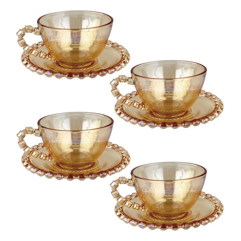 Jogo de 4 Xícaras Diamante Com Pires Para Chá 200ml Em Cristal