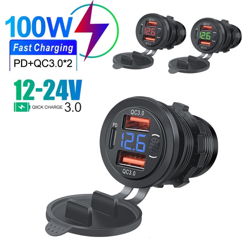 Tomada Tripla USB C Para Carregador De Carro Saídas PD & 18W QC3.0 Com Interruptor De Botão Voltímetro Digital LED 12V/24V Barco RV