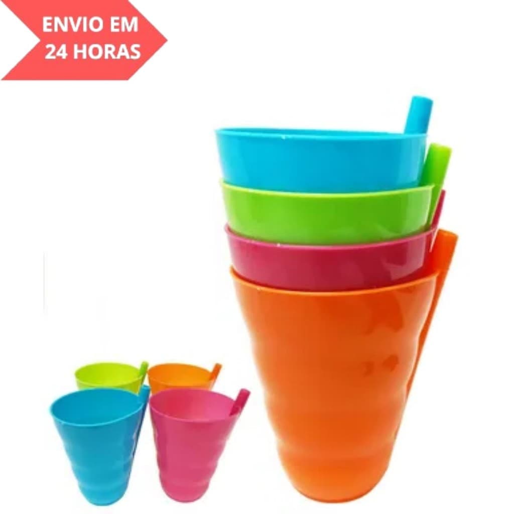 Jogo Copo Plastico 240 Ml Colorido Com Canudo