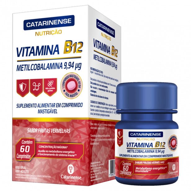 Vitamina B12 9,94 µg Sabor Fruta Vermelhas 60 Comprimidos - Catarinense