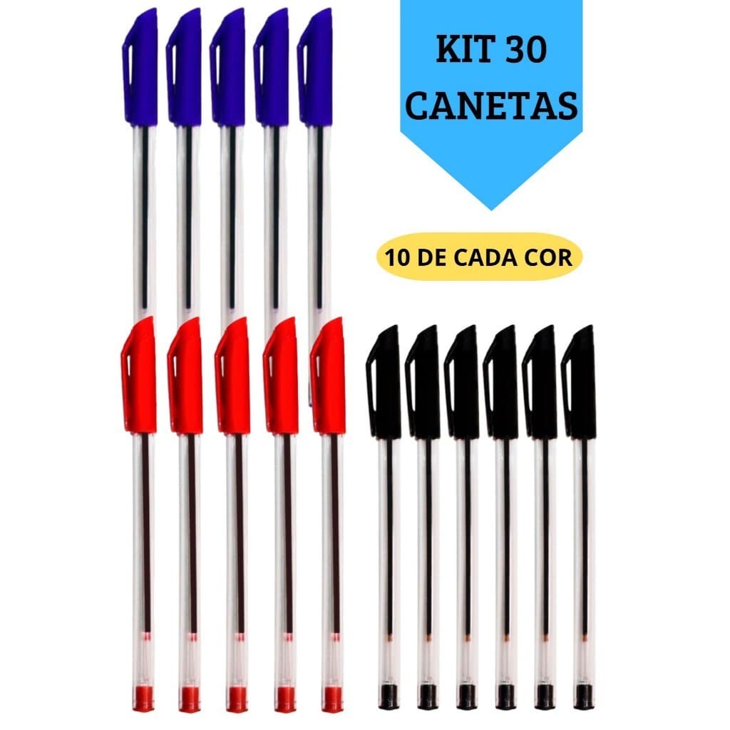Kit 30 Canetas Esferográficas Ponta Média Simple Azul Preta Vermelha Escolar Escritório Leo&Leo