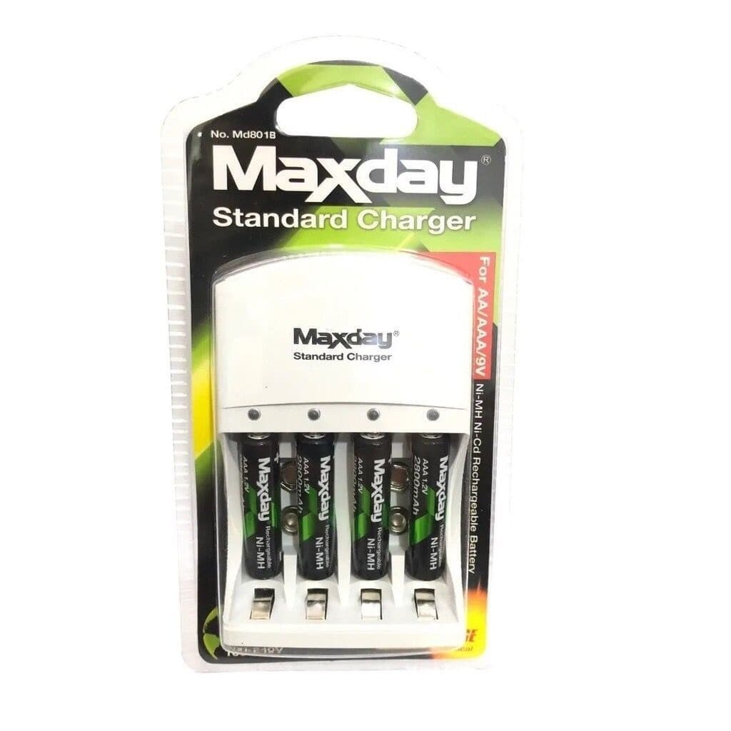 Kit Carregador Maxday Compátivel com 4 Pilhas AA ou AAA Recarregavel 120MA 9V Bivolt
