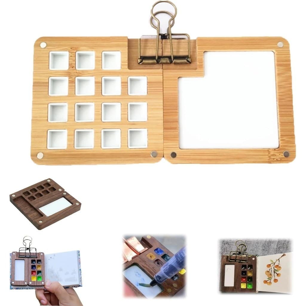 Paleta De Tinta De Viagem , Mini Aquarela Com Clip , Conjunto Caixa De Madeira Para Livro De Esboços