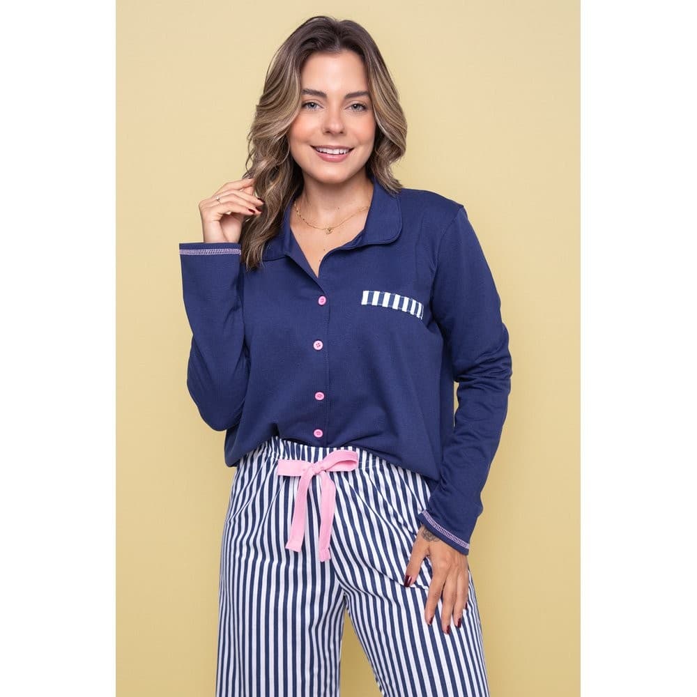 Pijama Americano Blogueirinha Manga Longa Com Calça Botões Marinho Listrado