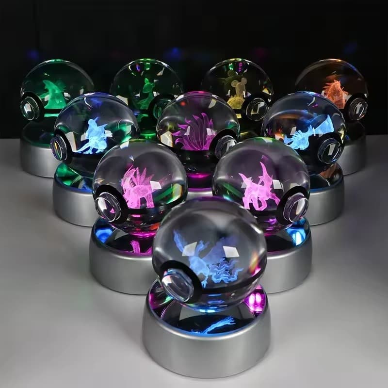 1 Pçs Bola De Cristal 3d Pikachu Gengar Eevee Mewtwo Anime Jogo Pokeball Led Night Light Base Crianças Presente Aniversá