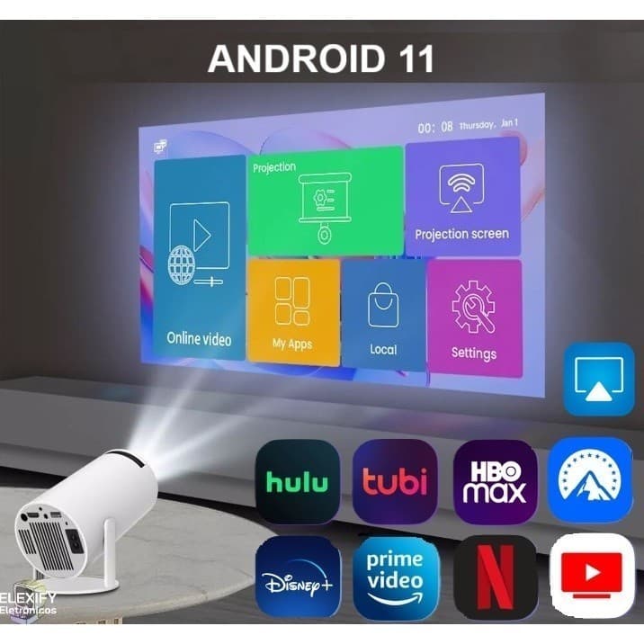 Projetor Portátil Android 11 Smart 4K Wifi 6 Bluetooth 5.0 1080p