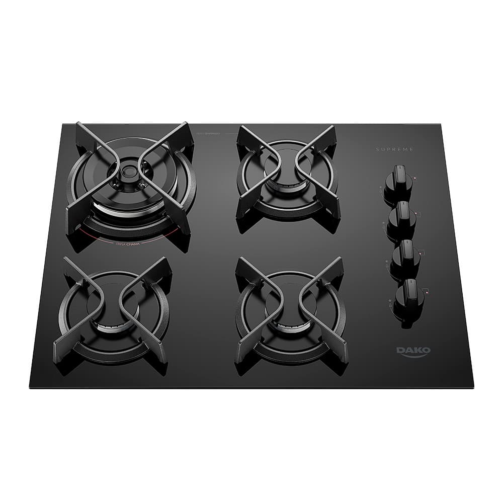 Cooktop 4 Bocas a Gás Dako Supreme com Queimador Tripla Chama e Mesa de Vidro Temperado Preto Bivolt
