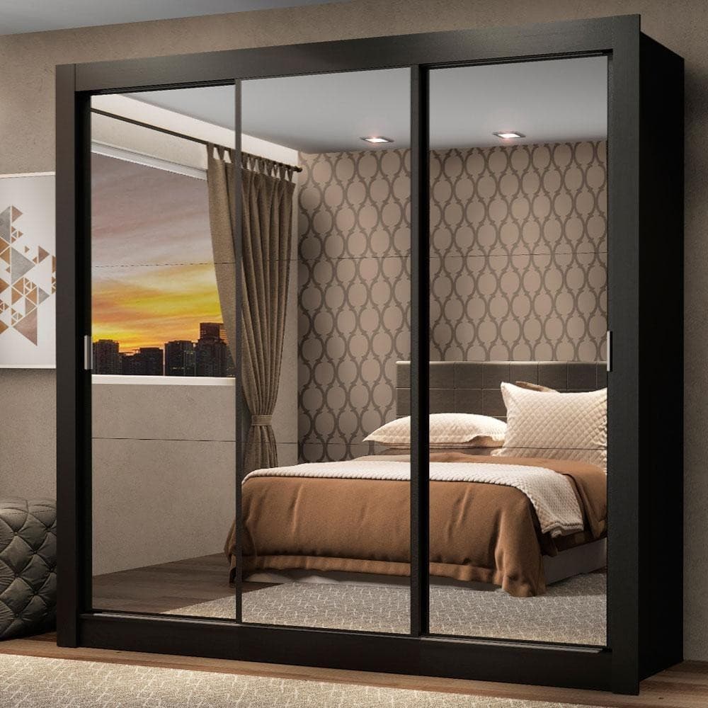 Guarda Roupa Casal Madesa Mônaco 3 Portas de Correr de Espelho - Preto