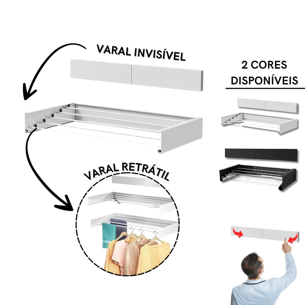 Varal Retrátil Invisível Mágico 15 kg Alumínio Parede Branco Preto