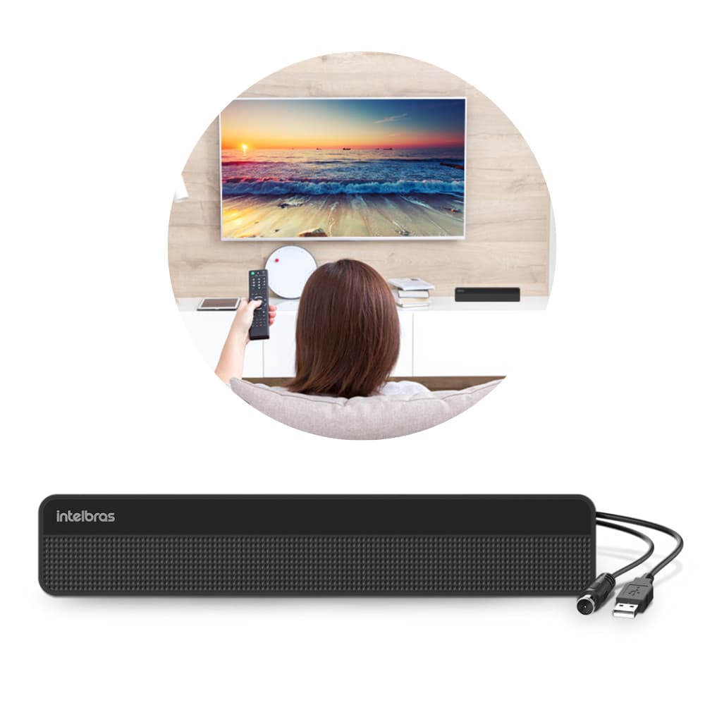 Antena Interna Tv Digital Amplificada AI 3101 Intelbras Preta USB Sinal UHF HDTV Design Minimalista Prática Parede Móvel