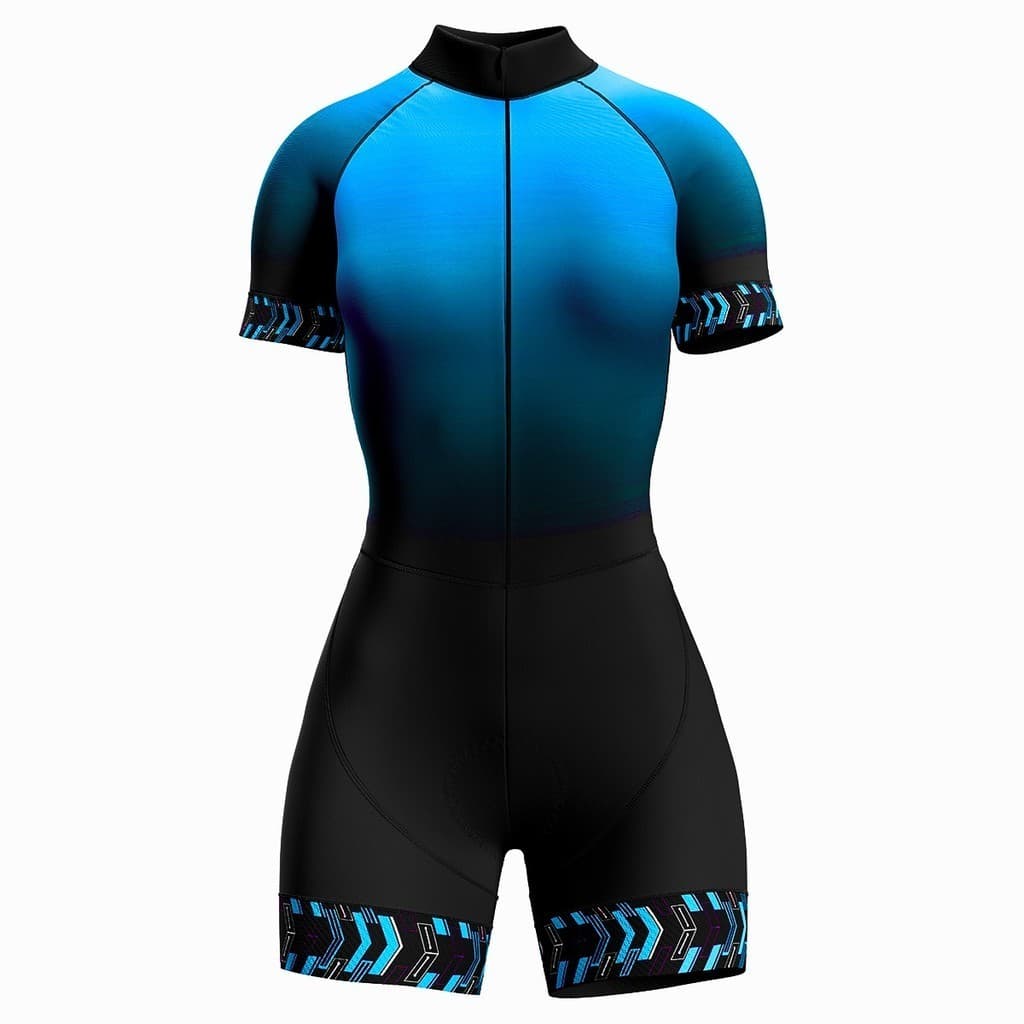 Macaquinho Ciclismo Feminino Profissional Gel Acolchoado UV Proteção MTB Speed Azul Degradê