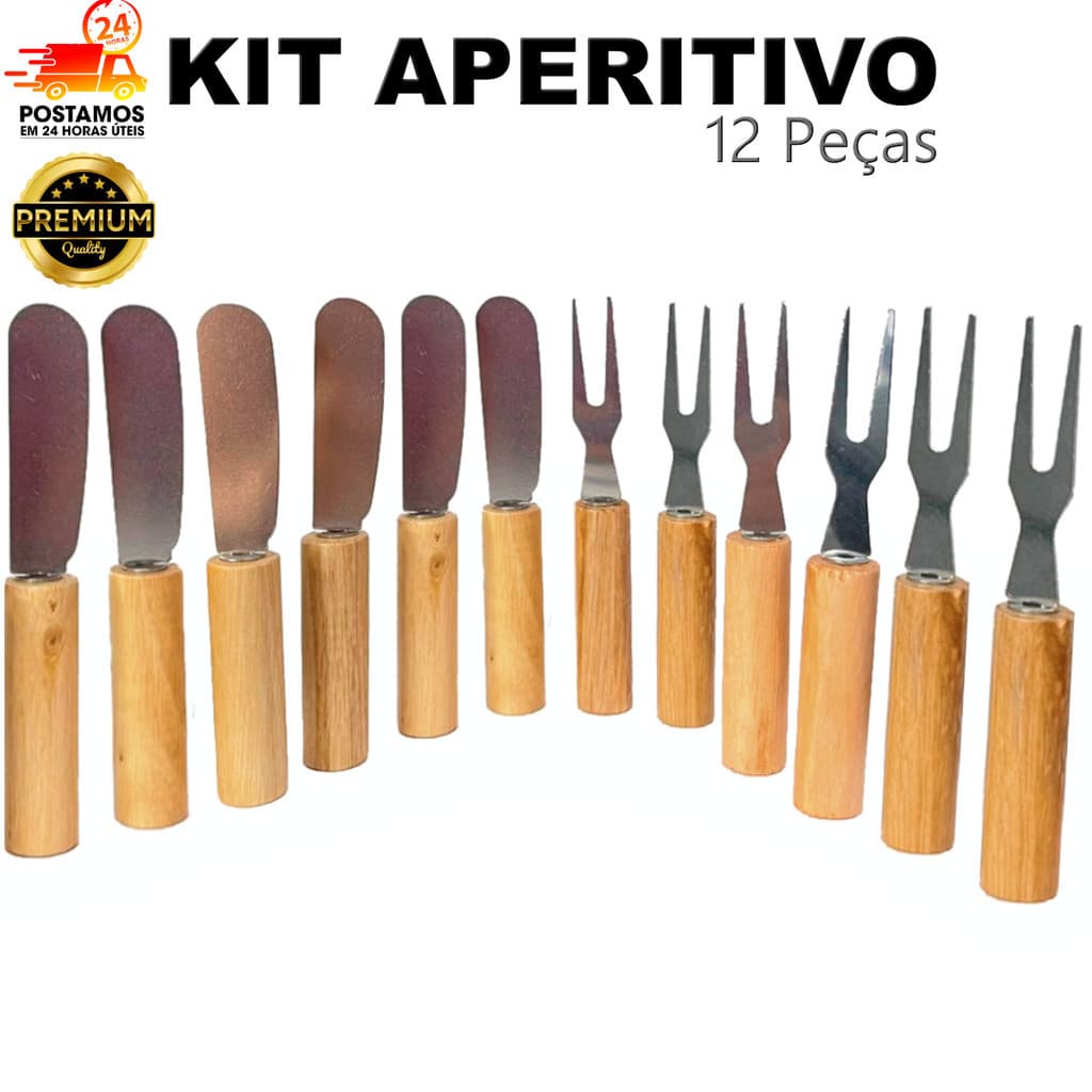kit 12 Garfinho espatula para petiscos, frutas e aperitivos inox cabo de madeira frios queijos pate