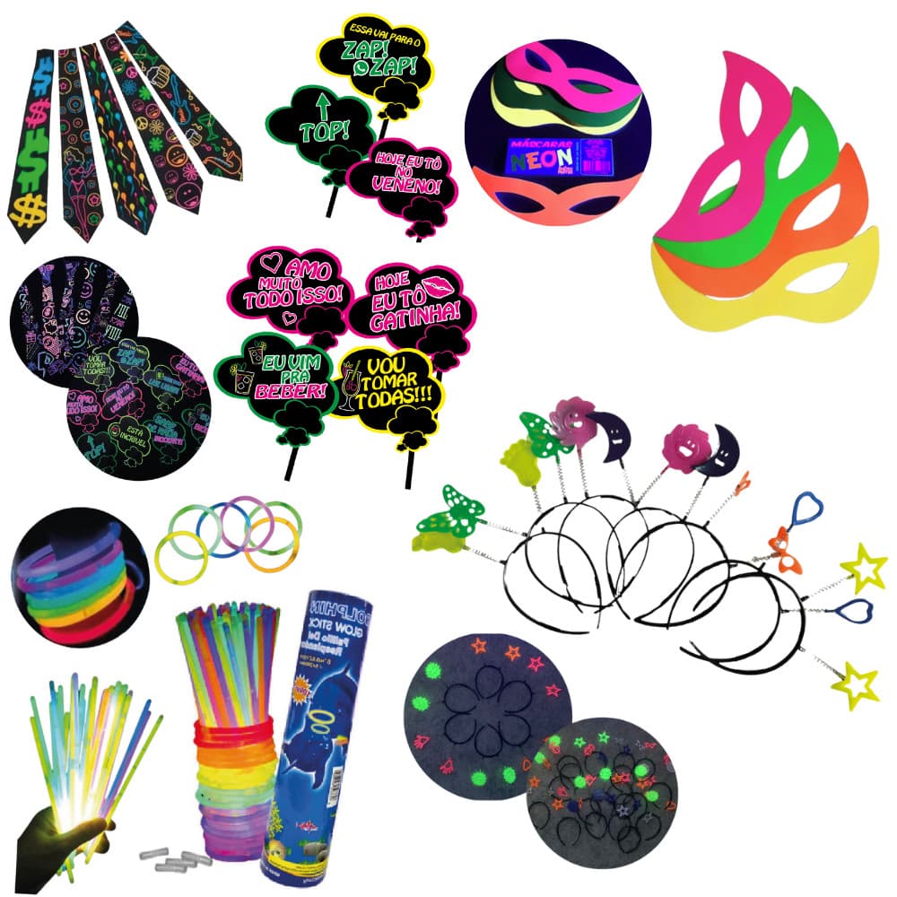 kit balada festa neon 150 pçs pulseira neon, tiara neon, gravata neon luz negra