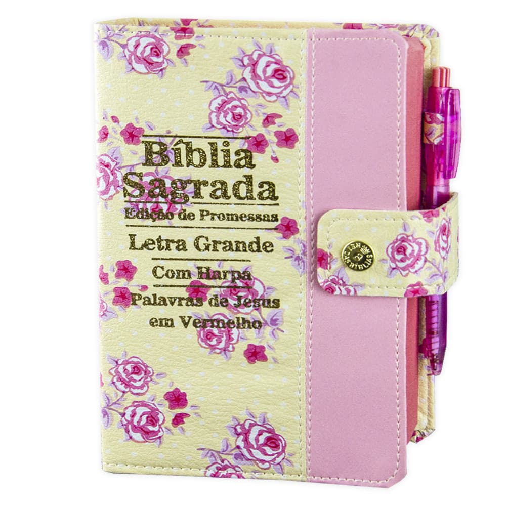 Biblia Letra Grande C/harpa E Botão - Floral E Rosa - SI