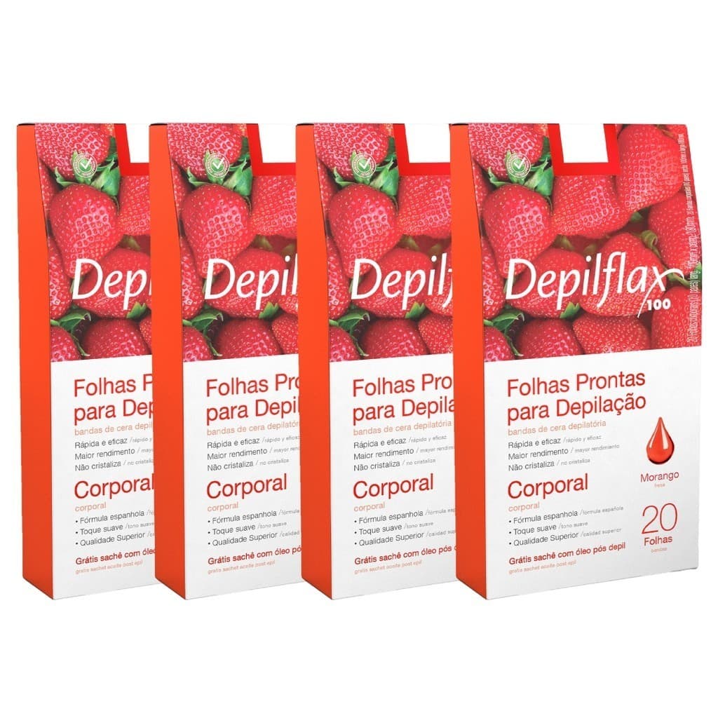 Kit 4 Caixas Folhas Prontas Cera Depilatória Depilação Corporal Depilflax Morango
