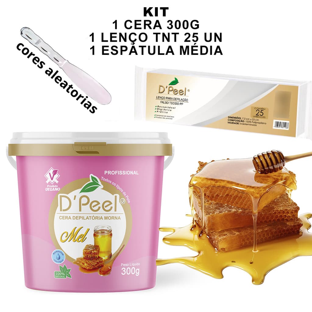 Cera Depilatória 300G + Lenço TNT 25 Un + 1 Espátula Depilação Profissional 100% Natural Vegano Quente Morno Oferta