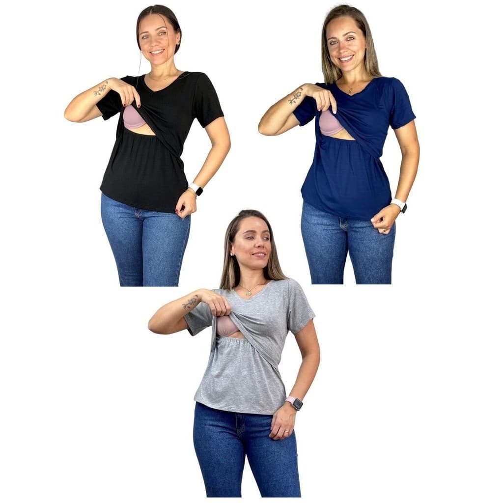 Kit 3 Blusa Amamentação Diversas Cores Viscolycra Premium Manga Curta Gola V Grávida Maternidade
