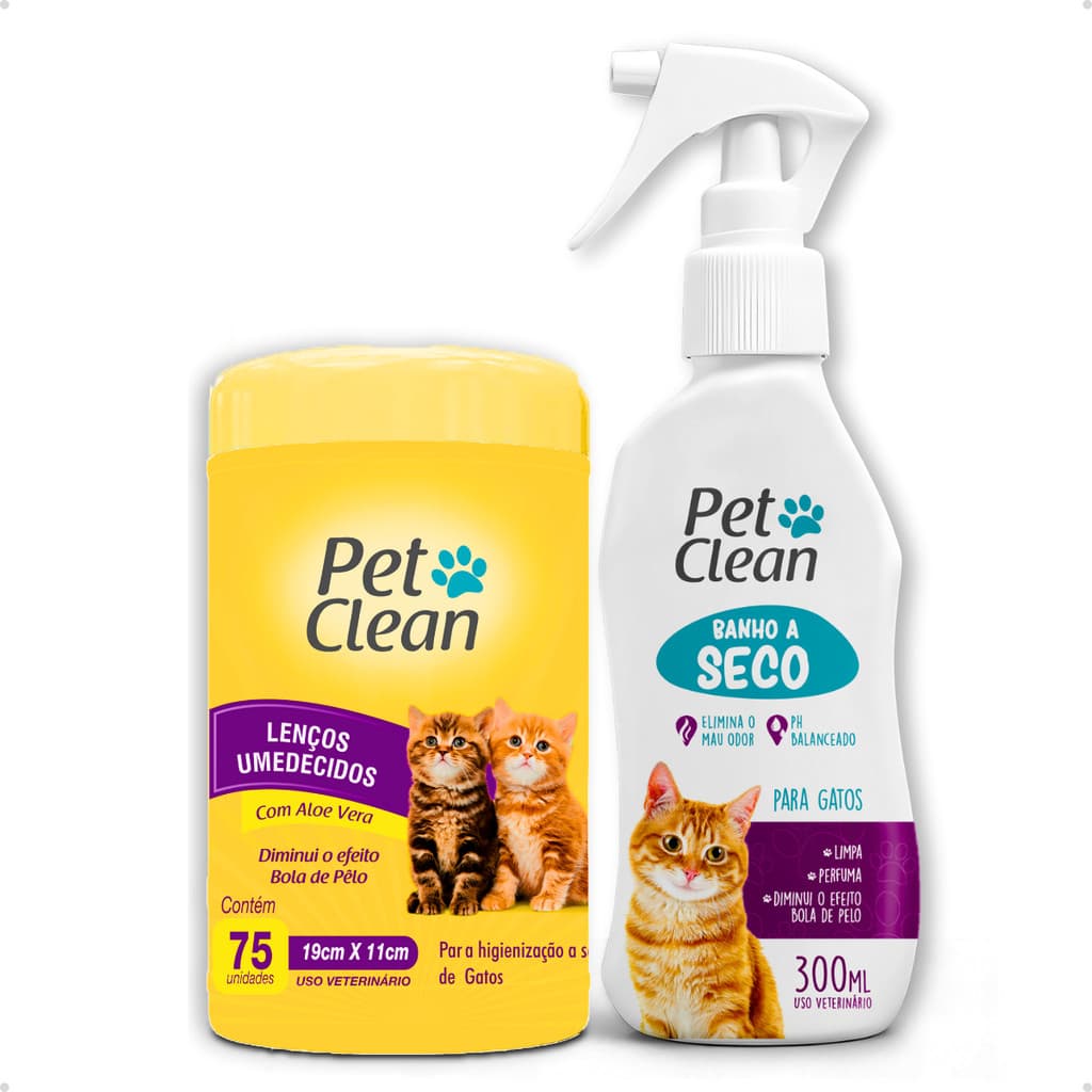 Kit Banho a Seco para Gatos 300ml Pet Clean + Lenço Umedecido Gato 75 unidades