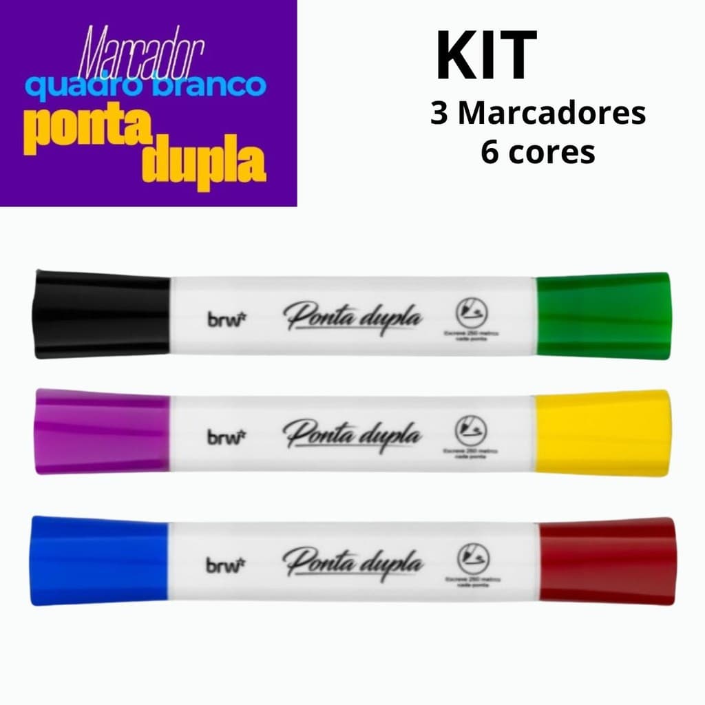 MARCADOR PINCEL CANETÃO PARA QUADRO BRANCO 2 EM 1 PONTA DUPLA KIT 3 UNIDADES 6 CORES - BRW
