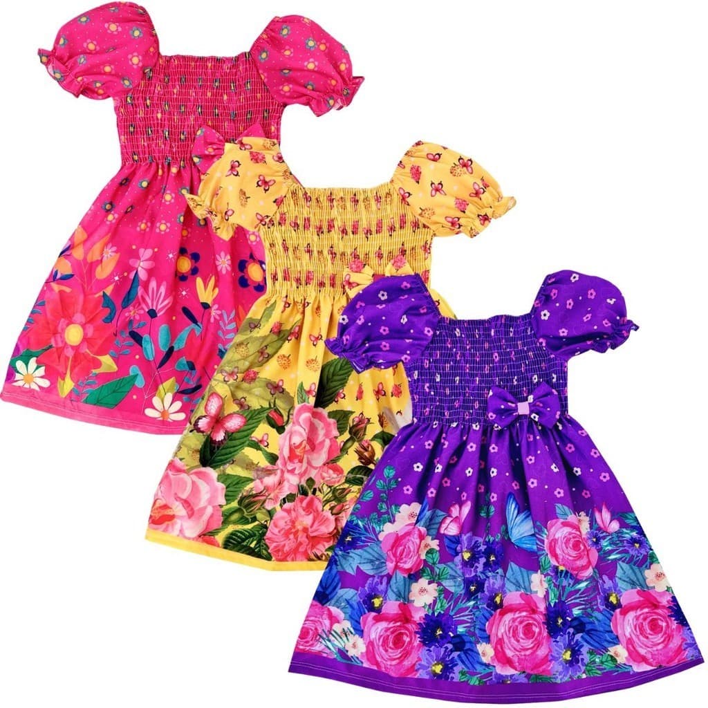Kit 3 Vestido Temático Infantil Estampa Floral Casual Personagem