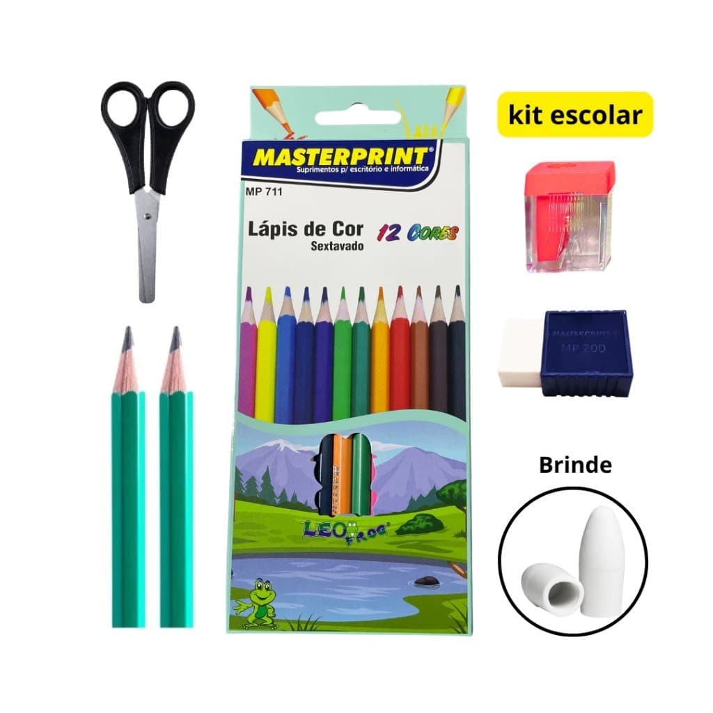 Kit Escolar Masterprint -  Lápis 12 Cores+2 Lápis Escrever+Tesoura+Apontador com Depósito+Borracha com Cinta+Brinde
