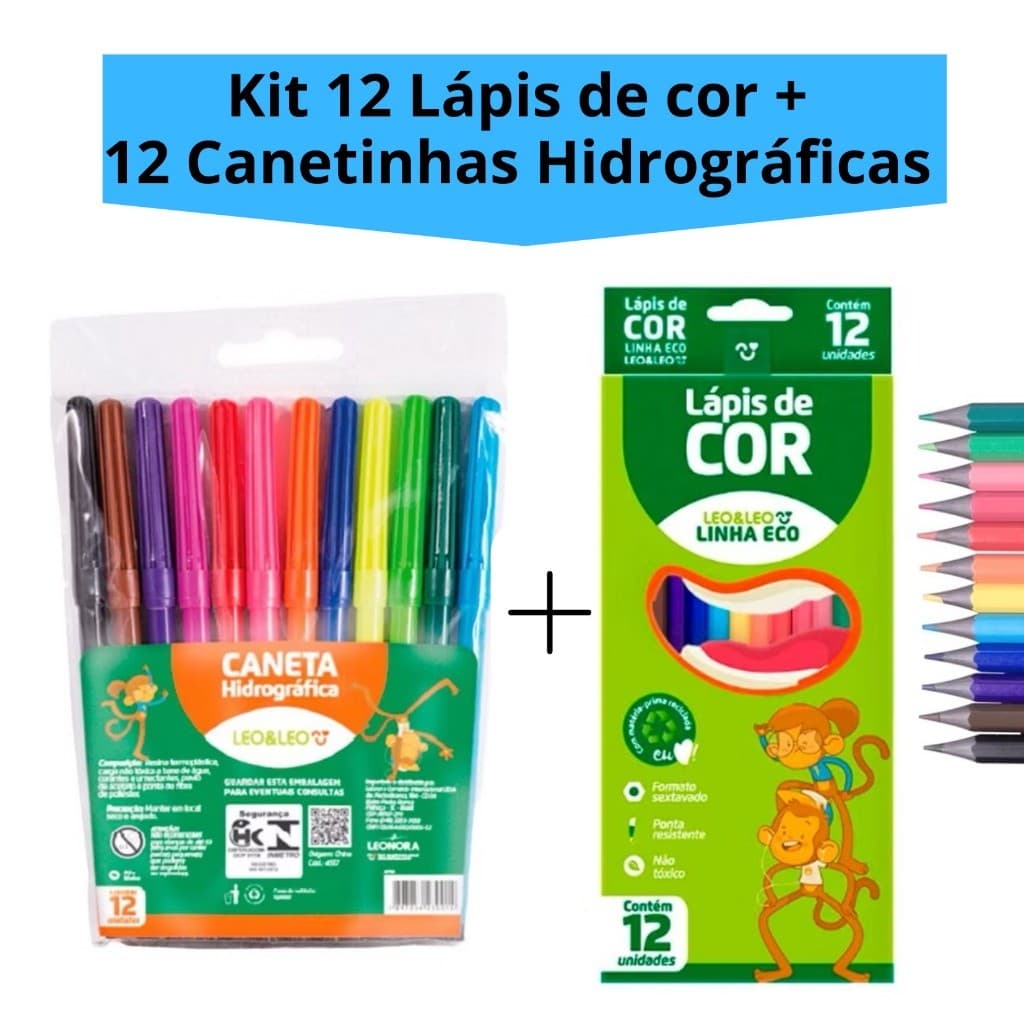 Kit Lápis de Cor 12 Cores Sextavado + 12 Canetinha Hidrográfica - Linha Eco Escolar Leo&Leo