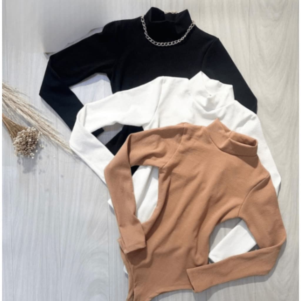 Body Blusa Com Gola Alta Manga Longa Canelada Justa Basica