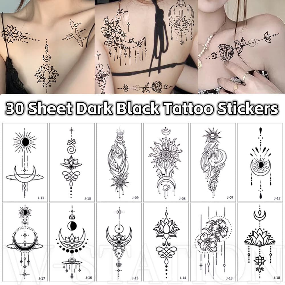 30 Folha Adesivos Tatuagem Temporária-Estampa Flor Estrela Lua Preta Escura-Decalque De Falsa À Prova D'água-Para Peito , Ombro , Pescoço , Braço-De Decoração De Arte Corporal