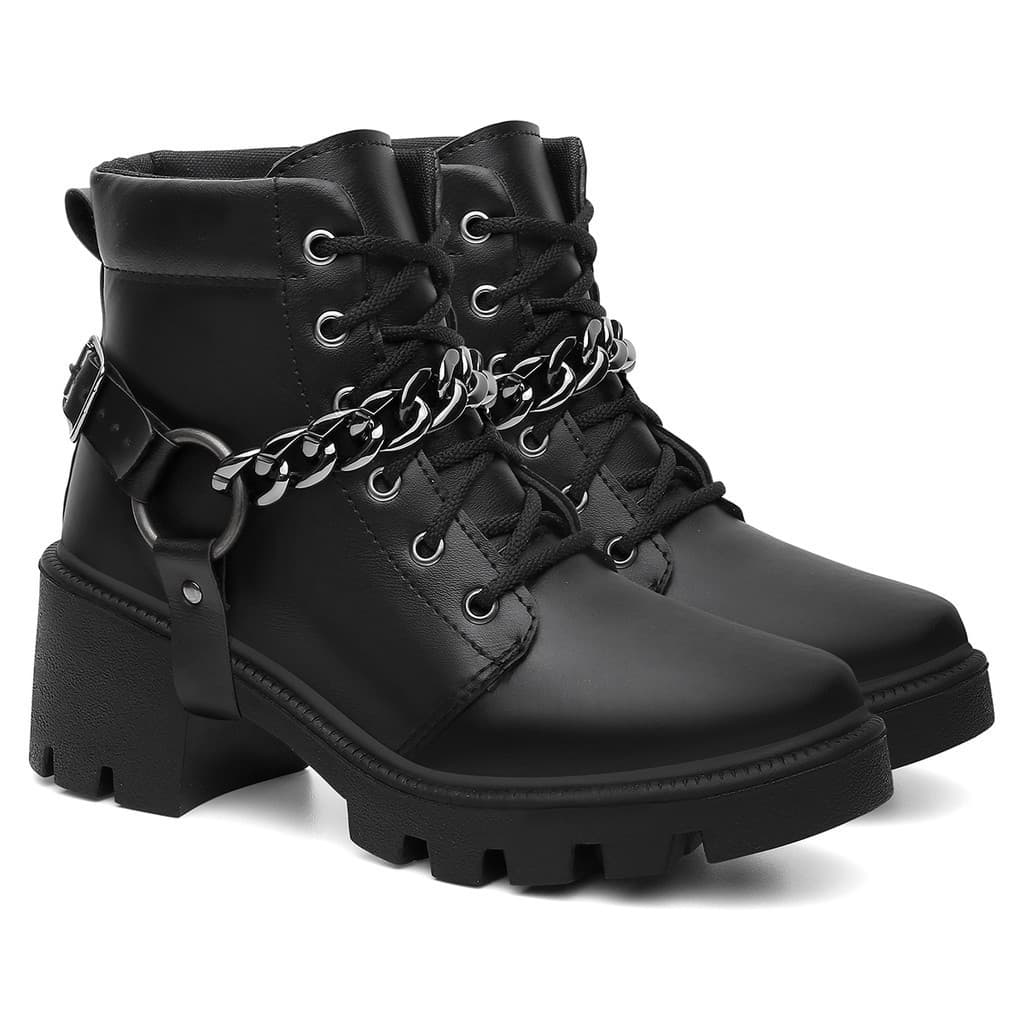 Coturno Feminino Tratorado Ankle Boot Salto Grosso Com Corrente Cabresto Removível Blogueira Punk 2024 Novidade