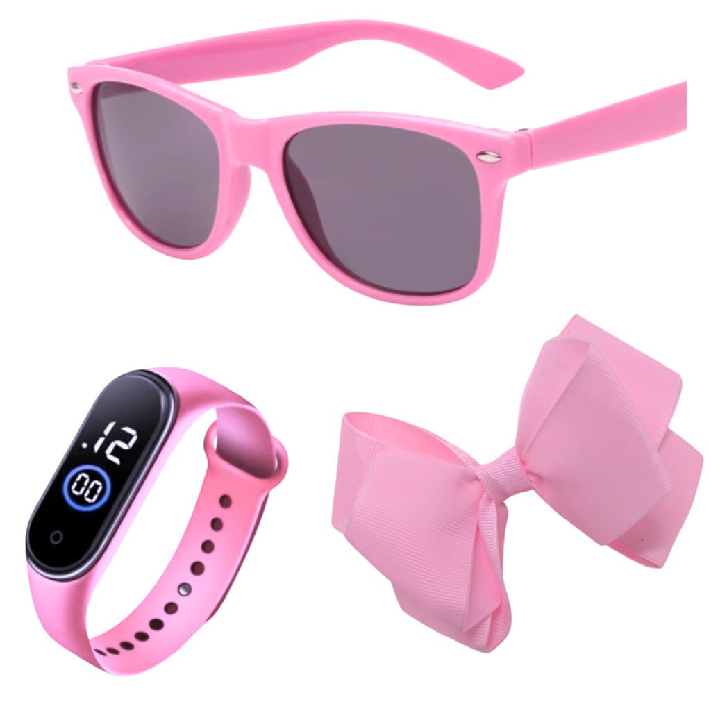 Kit Relógio Infantil Digital + Óculos De Sol + Laço Menina