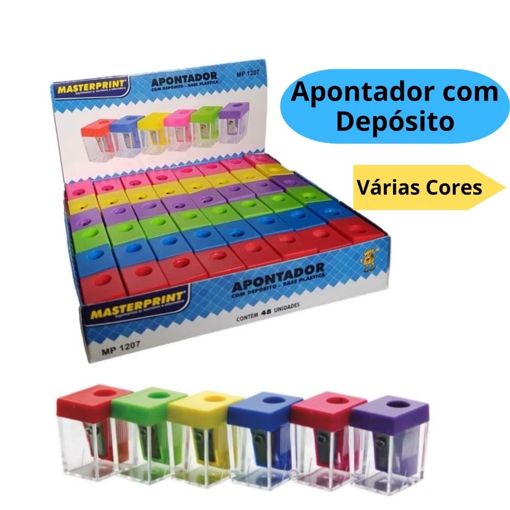 Apontador com Depósito Cores Sortidas Base Plástica Escolar - Masterprint (1, 3 OU 6 UNIDADES)