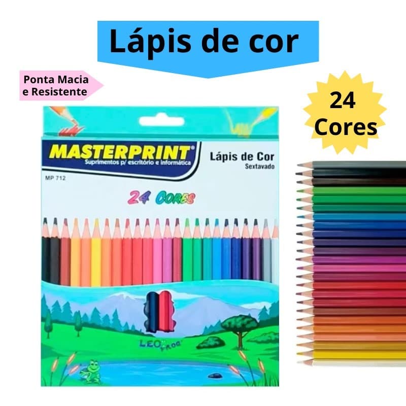 Lápis de Cor 24 Cores Resistente Sextavado Escolar Masterprint