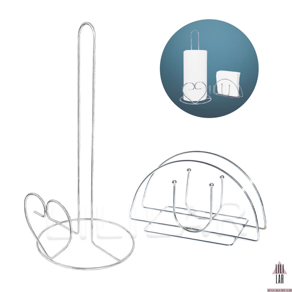 Kit Porta Papel Toalha Rolo e Porta Guardanapo de Mesa Metal Cromado