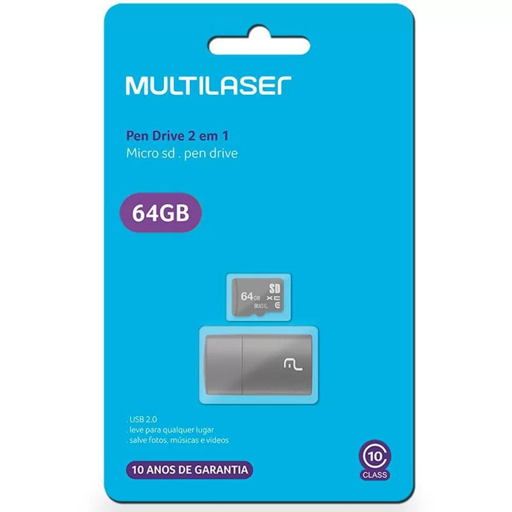 Cartão de Memoria Multilaser 2em1 64GB / 32GB / 16GB / 8GB - Original /Classe 10