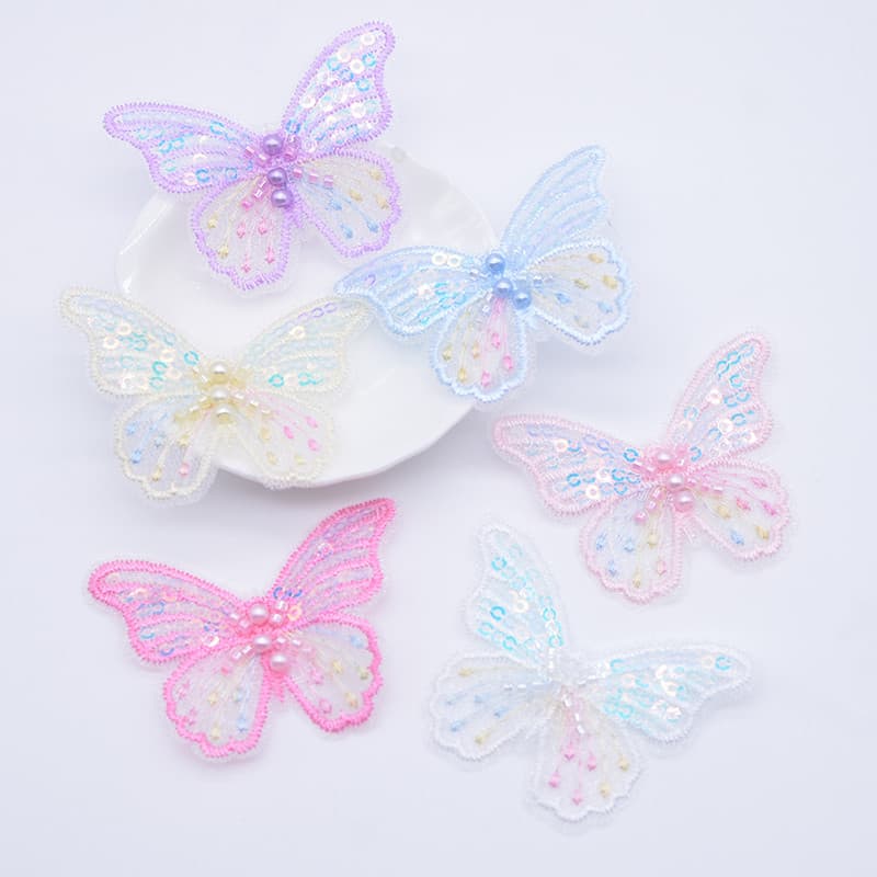 Borboleta de malha de 12pcs 6.2 * 4.8cm para clipes de cabeça de bricolagem roupas chapéu sapatos patches de costura