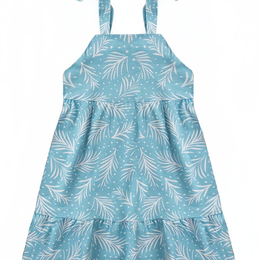 Vestido Feminino Infantil Verão Folhagem Azul Claro