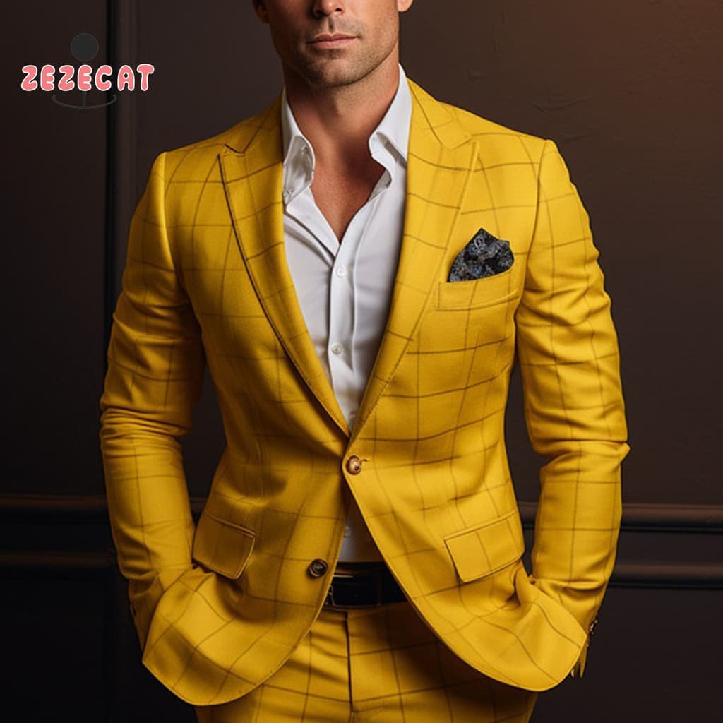 ZEM-Men Fato De Formal Estilo Empresarial Slim Fit Plaid Print Long