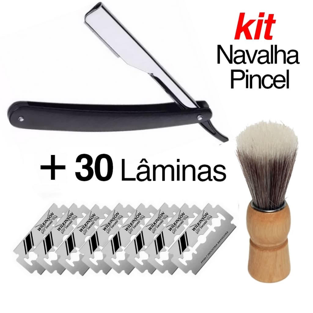Kit Navalha + Pincel + Lâmina Profissional Barbeiro Aço Inox Acabamento Barba Navalhete