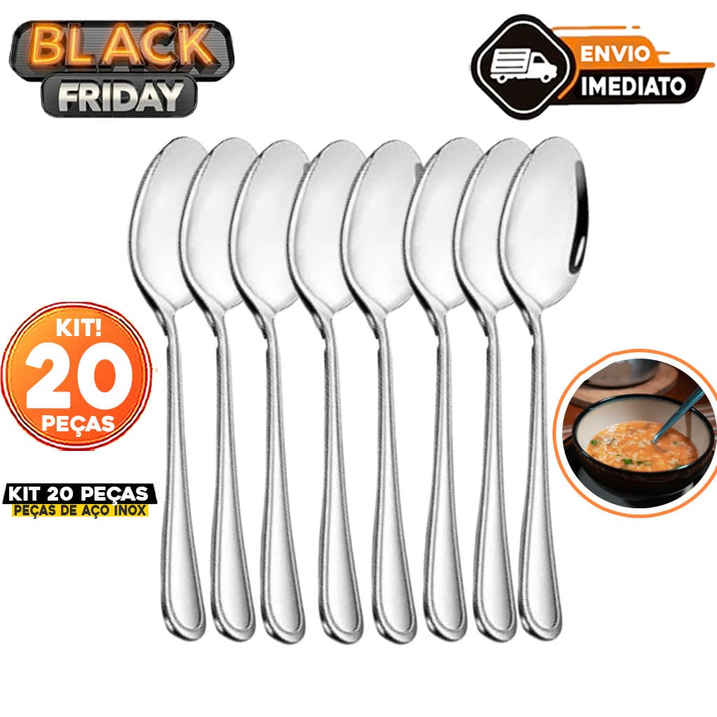 Kit 20 Colher de Mesa de Aço Inox Premium Talher Para Casas Restaurantes Bares Buffet Sopa