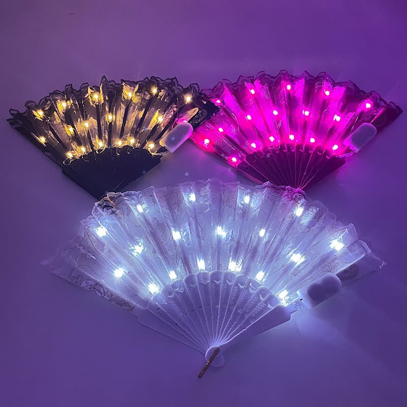 [Estoque Pronto] 1PC 7 Polegadas LED Iluminar Grande Ventilador De Mão Com Renda Dobrável Plástico Performance Show Dança Ventiladores De Casamento Festa De Aniversário Decoração De Férias