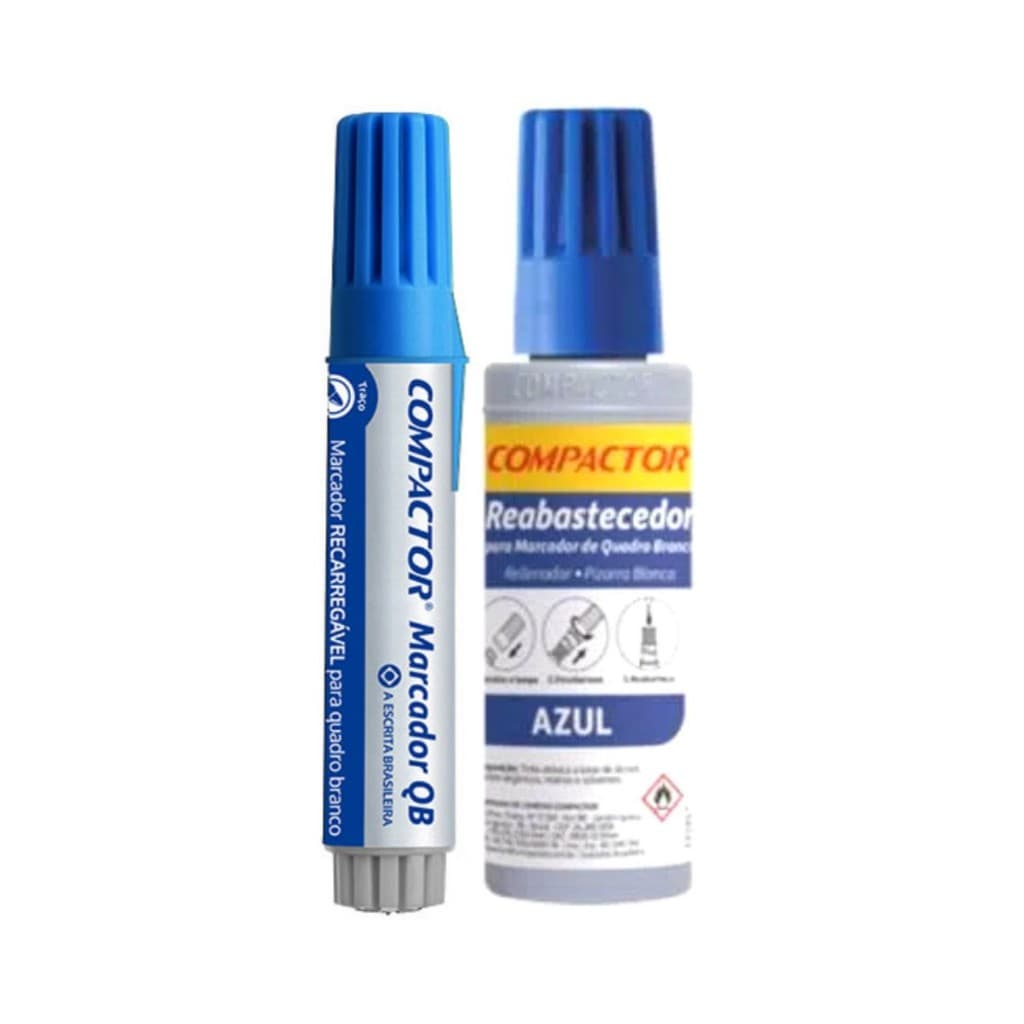 KIT MARCADOR DE QUADRO BRANCO + REFIL REABASTECEDOR COMPACTOR - AZUL
