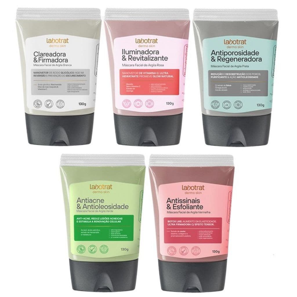 Máscara Facial de Argila Labotrat 130g Branca, Verde, Preta, Vermelha e Rosa