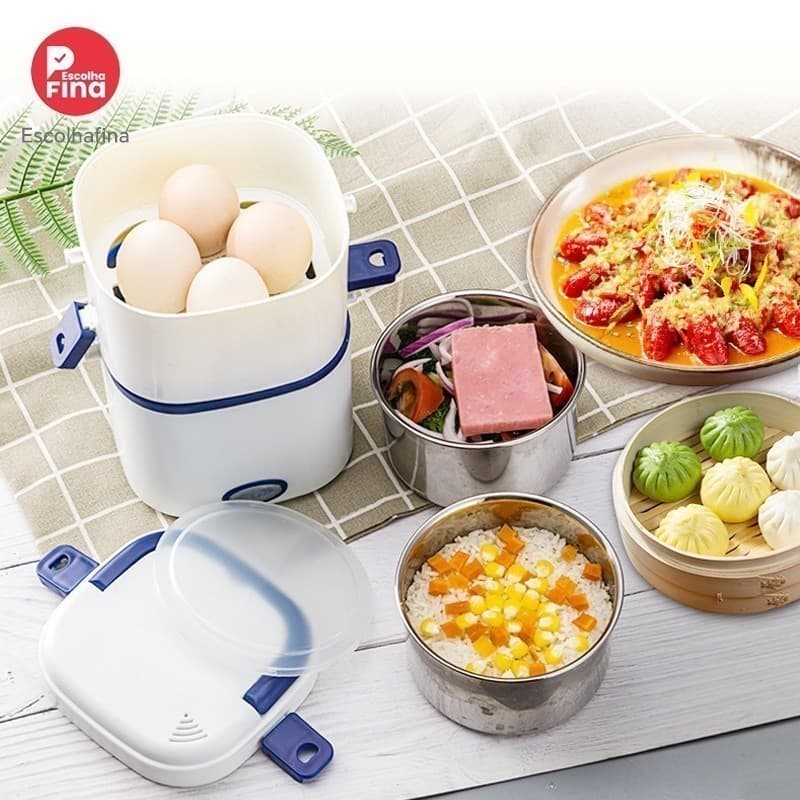 Marmita Elétrica 2 em 1 Bivolt Mini 110V/220V/12V Aquece Rápido Portátil Trabalho